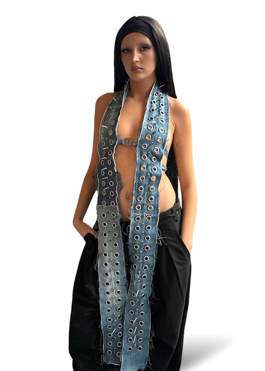 THE STUDDED DENIM EYELET HALTER - BLUE (STRAIGHT NECK)