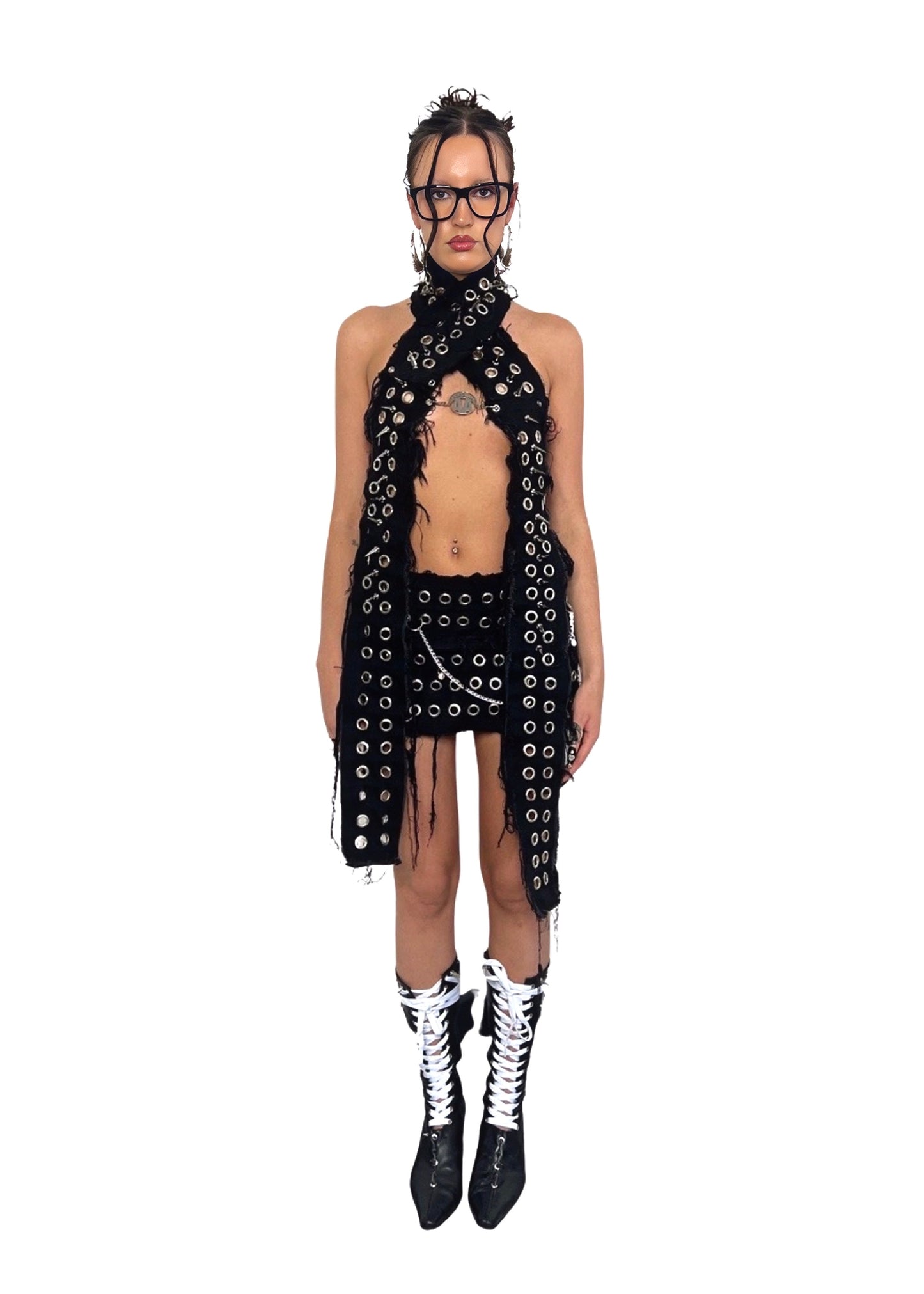 THE STUDDED DENIM EYELET HALTER (CROSS NECK)