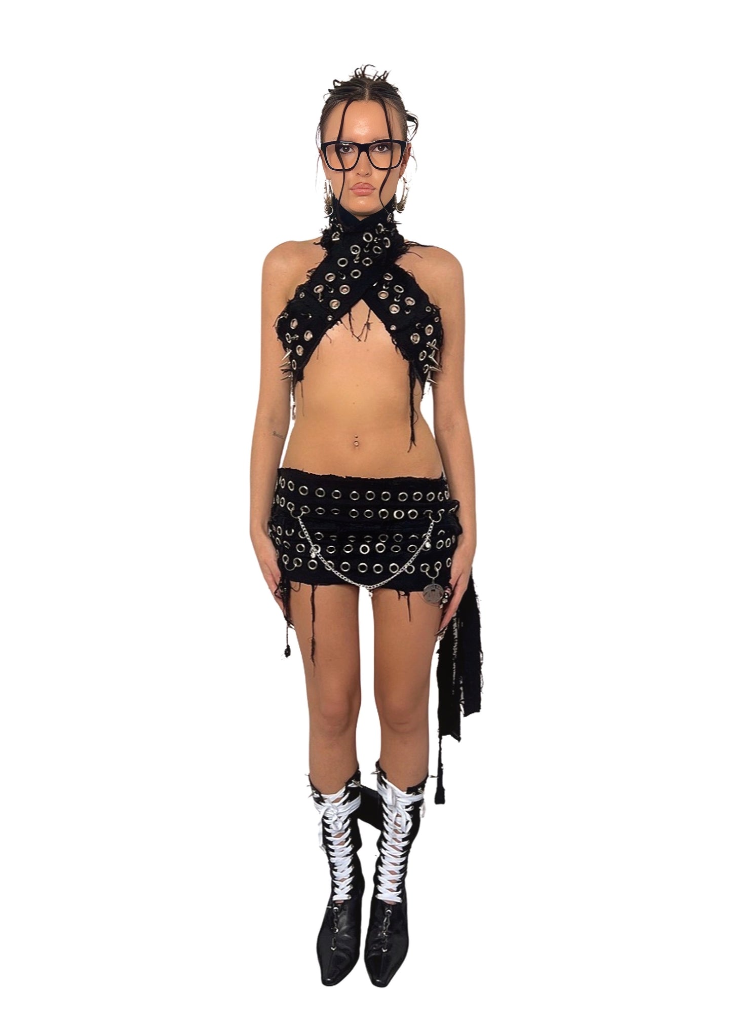 THE DENIM EYELET SKIRT - BLACK