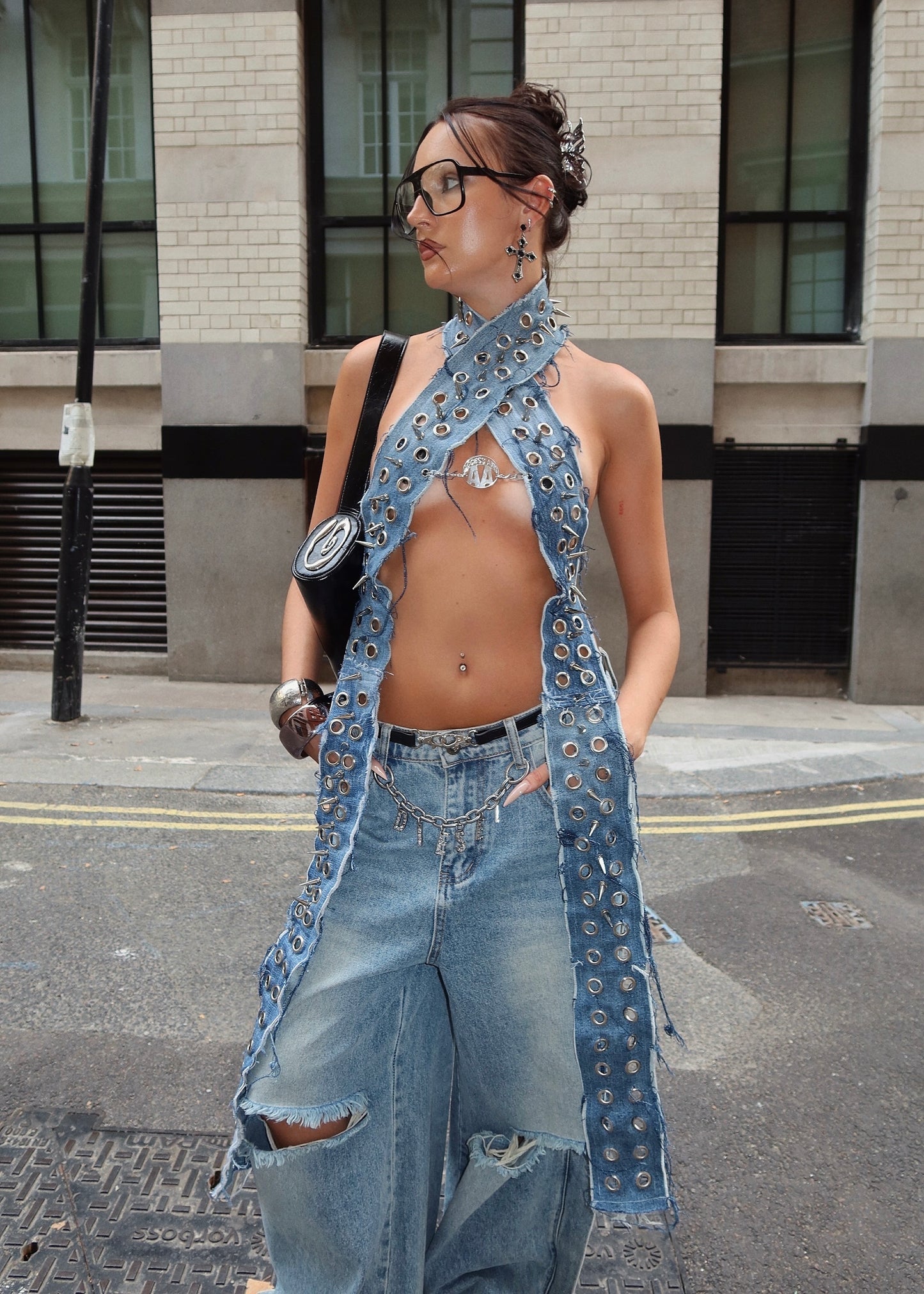 THE STUDDED DENIM EYELET HALTER - BLUE