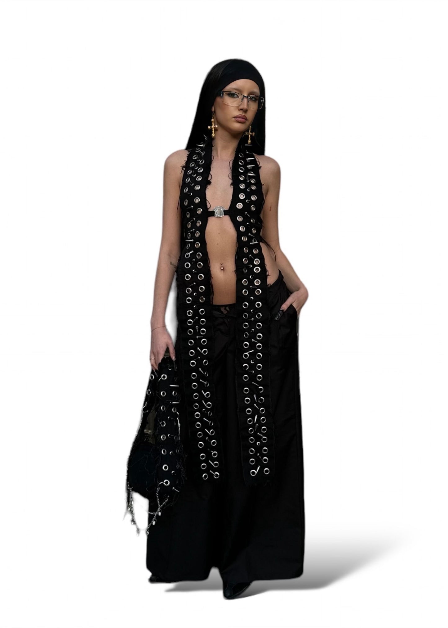 THE STUDDED DENIM EYELET HALTER - BLACK (STRAIGHT NECK)