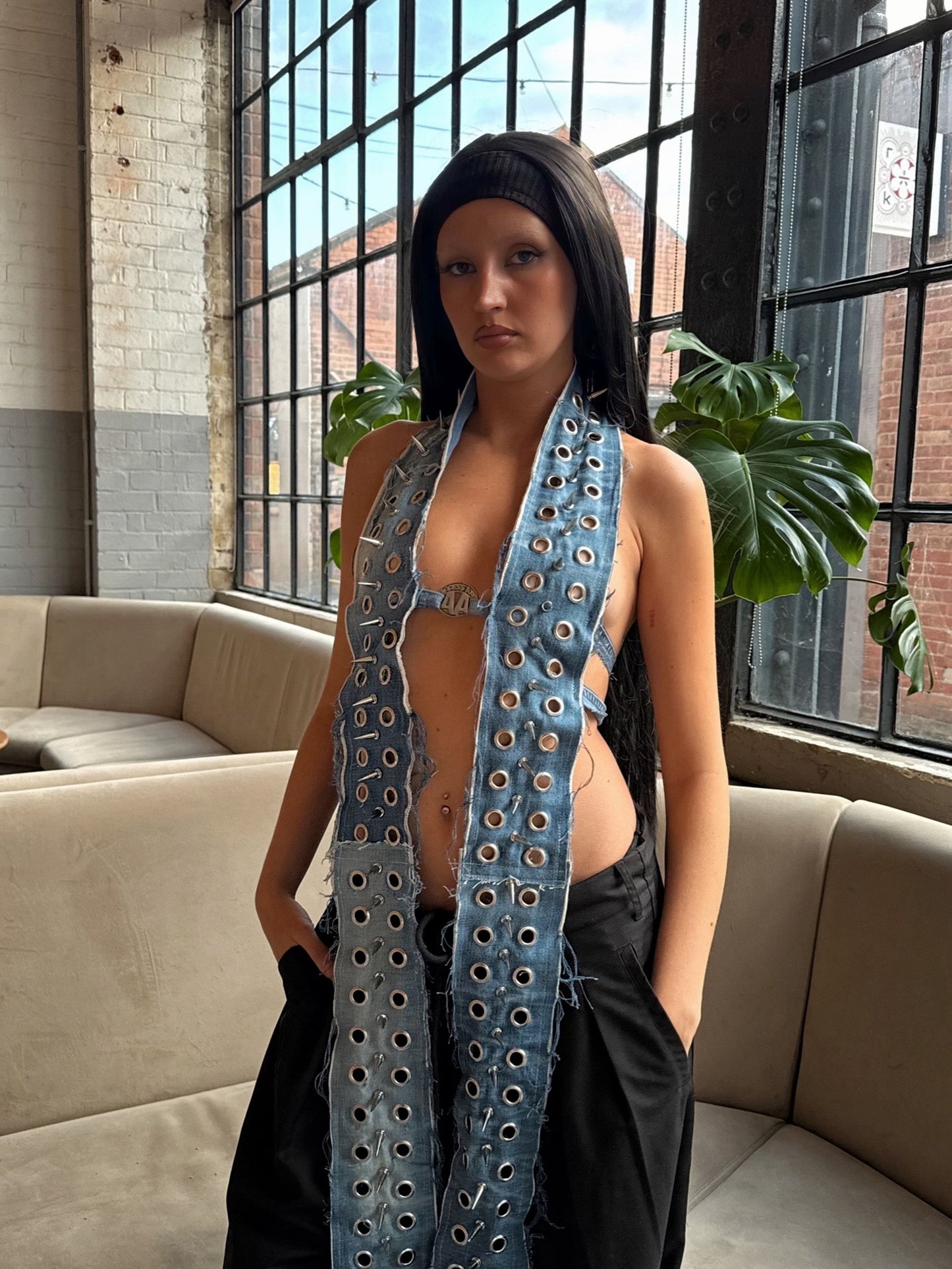 THE STUDDED DENIM EYELET HALTER - BLUE (STRAIGHT NECK)